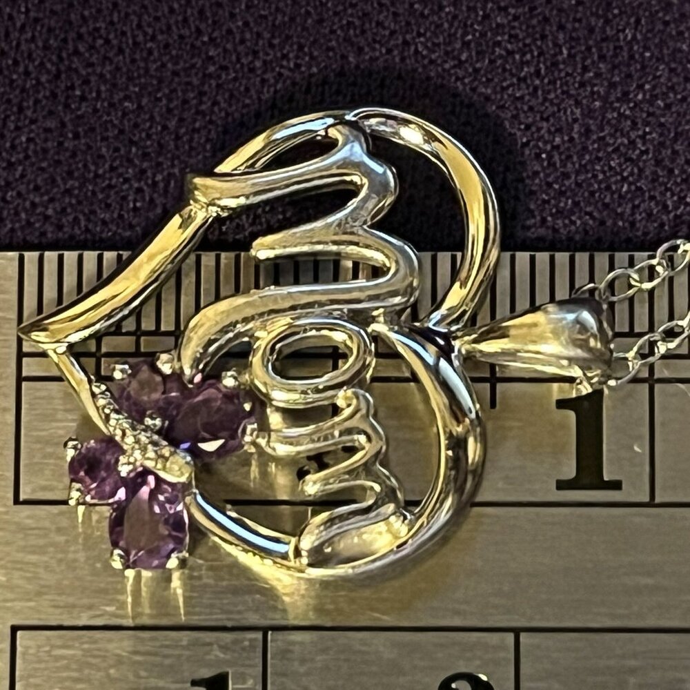Sterling Silver MOM Heart Pendant, Amethyst & Diamond Accent - Mother’s Day Gift - Picture 9 of 13